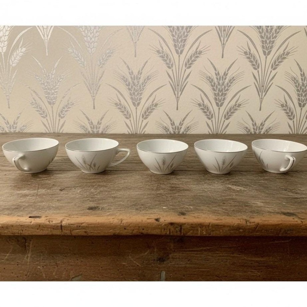 Fine China of Japan Platinum Wheat Teacups, Set of 5 Vintage Mid-Century Ceramic